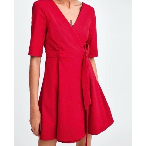 Zara V Neck Solid Red Wrap Mini Dress Short Sleeve Extra Small Sash Tie - Picture 1 of 10